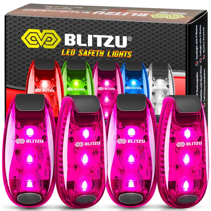 BLITZU 4 عبوات من ضوء الأمان LED، أضواء عاكسة قابلة للتثبيت للمشي في الليل، الجري، الركض، ملحقات ضوء فلاش عالي الوضوح للعدائين، الأطفال، التنزه، الكاياك، ركوب الدراجات، التخييم، القوارب باللون الوردي - Image 1